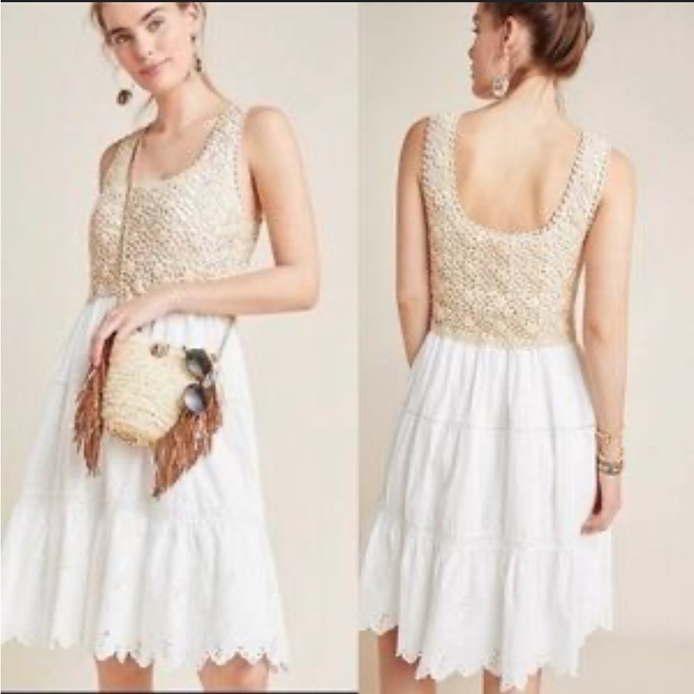 Anthropologie Beckett Crochet Dress Sz S Eyelet Tiered Tan White Lined Cotton